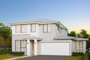 Modern double-storey facade of the Mosman Dual by King Homes NSW, featuring a separate granny flat and a sleek contemporary design