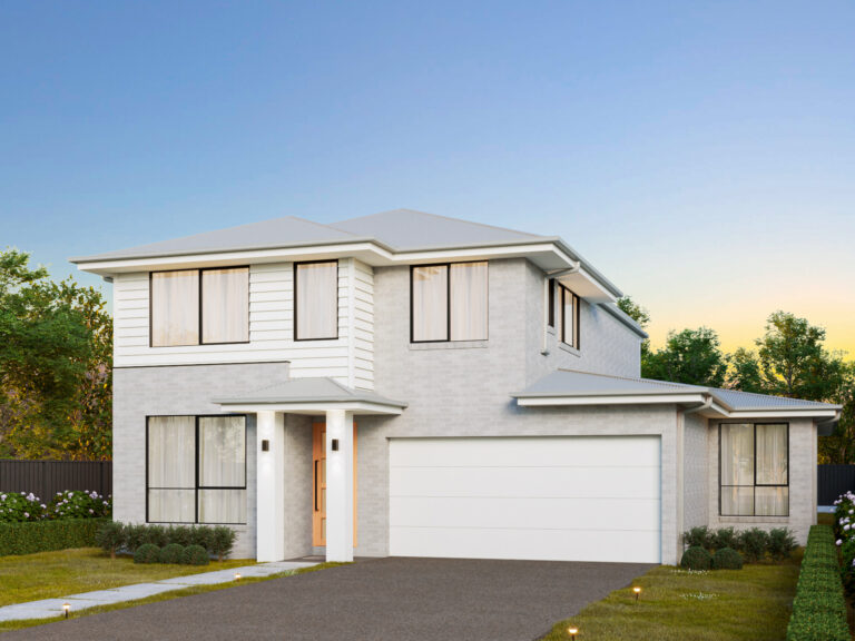Modern double-storey facade of the Mosman Dual by King Homes NSW, featuring a separate granny flat and a sleek contemporary design