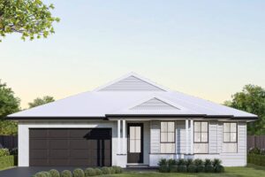 Modern single-storey facade of the Aspect home design by King Homes NSW, featuring a clean, contemporary look with a neutral colour palette and double garage