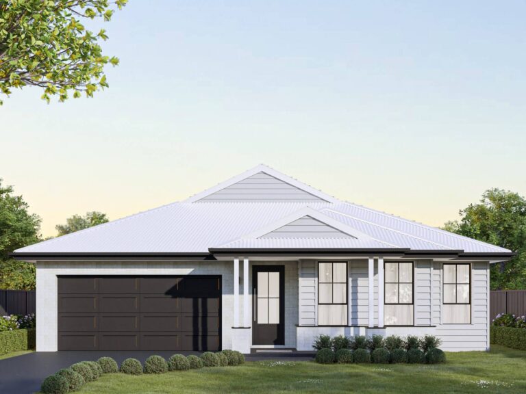 Modern single-storey facade of the Aspect home design by King Homes NSW, featuring a clean, contemporary look with a neutral colour palette and double garage