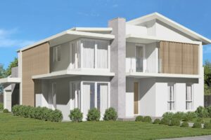 Modern double-storey home facade of the Miami design by King Homes NSW, featuring contemporary finishes, large windows, and a stylish corner block layout