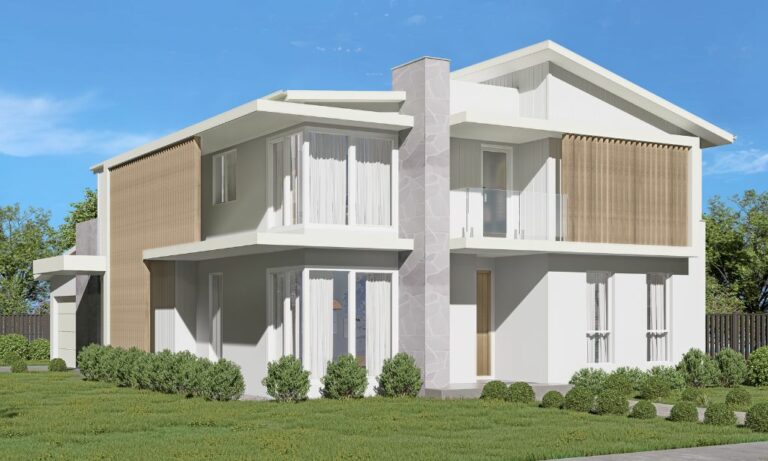 Modern double-storey home facade of the Miami design by King Homes NSW, featuring contemporary finishes, large windows, and a stylish corner block layout