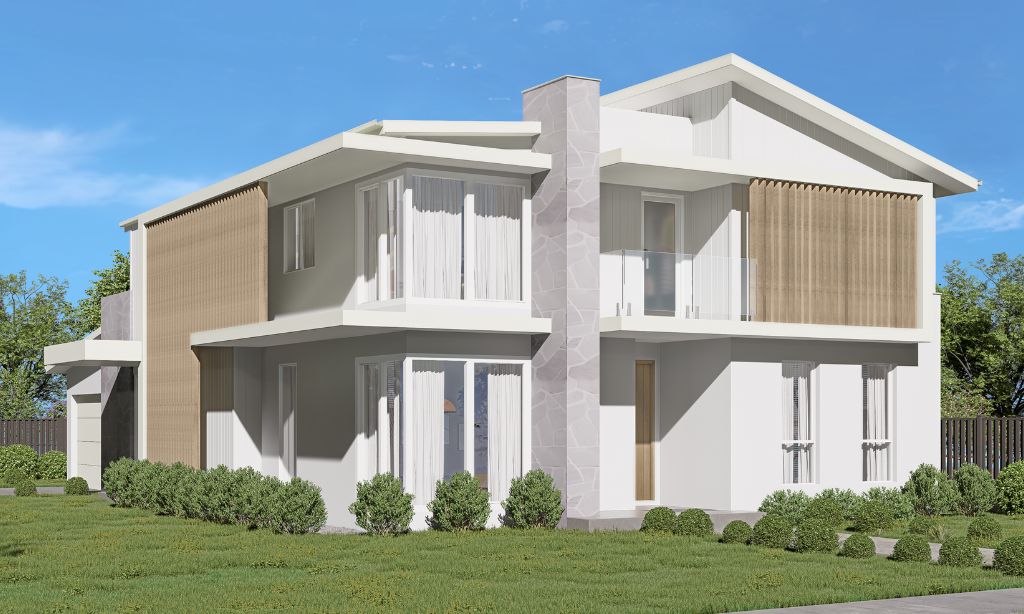 Modern double-storey home facade of the Miami design by King Homes NSW, featuring contemporary finishes, large windows, and a stylish corner block layout